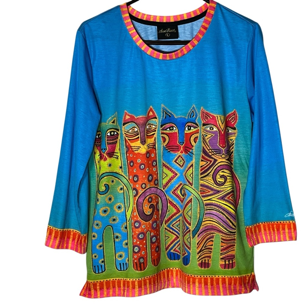 Laurel Burch Artistic Feline Long Sleeve Top - Blue and Multicolor